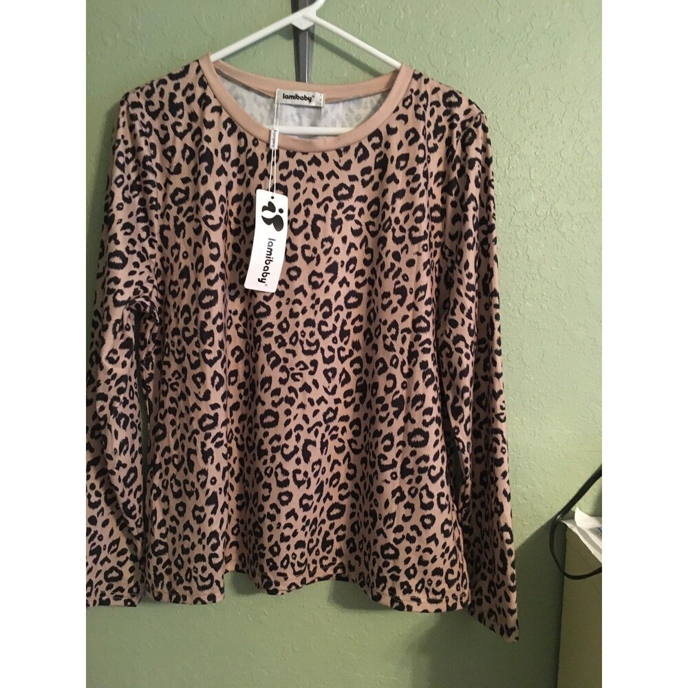 NEW Lamibaby Women's Leopard Print  Long Sleeve Crewneck Blouse Size XL